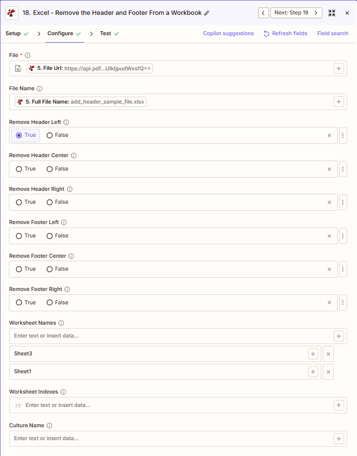 Cliquez pour agrandir Configuration Zapier de PDF4me Excel pour supprimer l'en-tête et le pied de page : fichier, nom du fichier, suppression de l'en-tête/pied de page (gauche/centre/droite), noms des feuilles de calcul, index des feuilles de calcul, nom de la langue